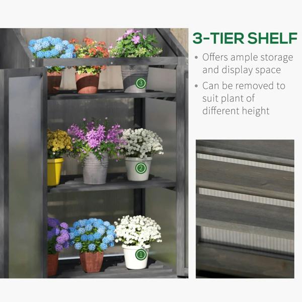 Grey greenhouse with 3-tier interior shelf and potted flowers