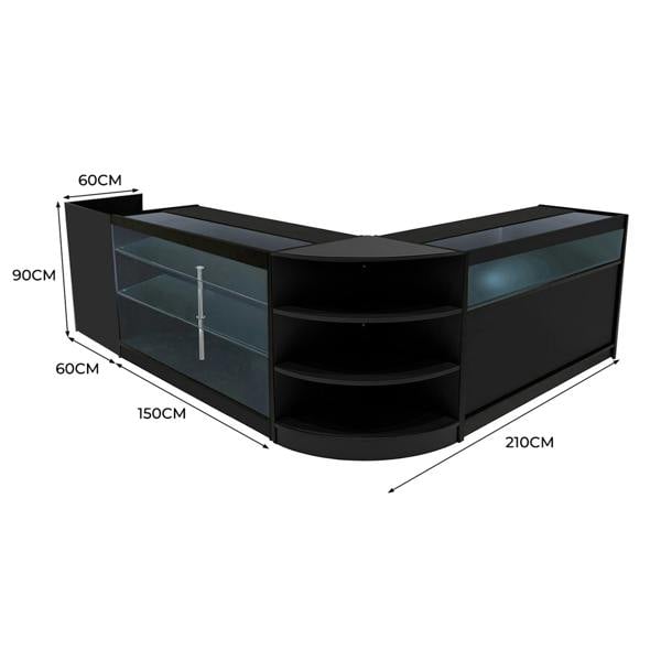 Black Hyperion LED shop counter set featuring sleek design, glass shelves, and dimensions of 210cm x 150cm x 90cm