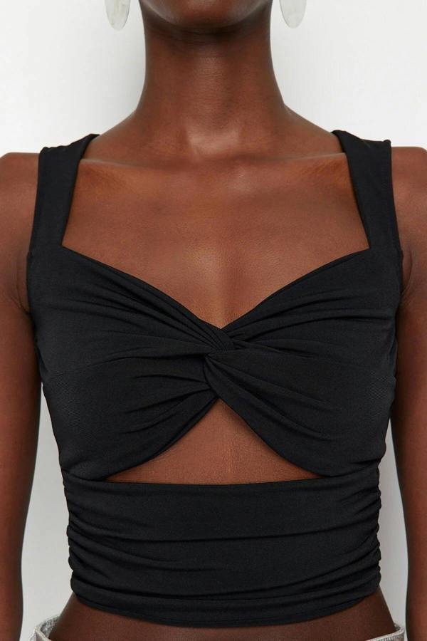 Heart Neck Sleeveless Cut Out Detail Fitted Crop Blouse