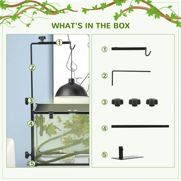 Reptile lamp stand holder parts and assembly overview with hook and base