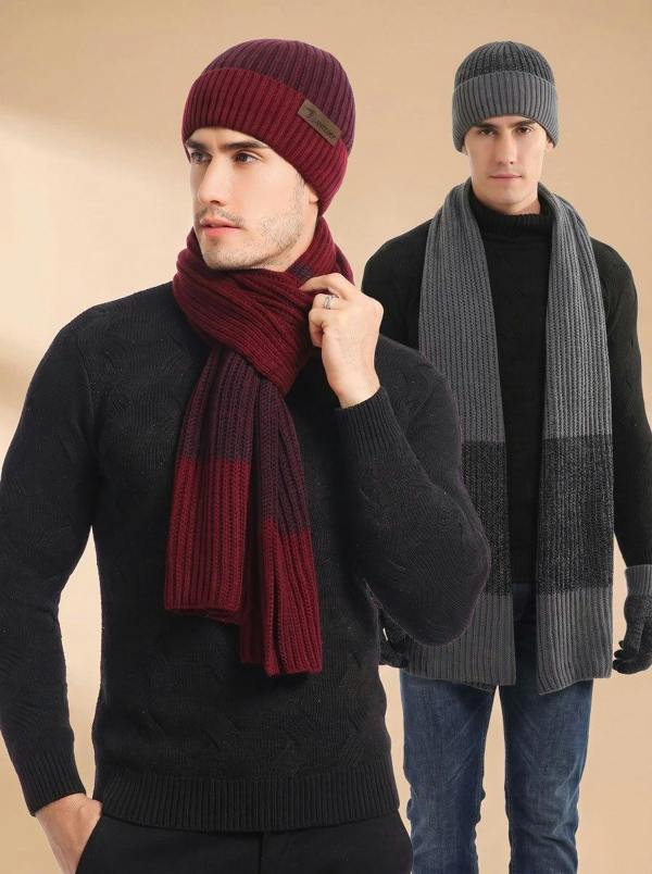 Anniou Men Color Block Rib Knit Hat Scarf  Gloves Set