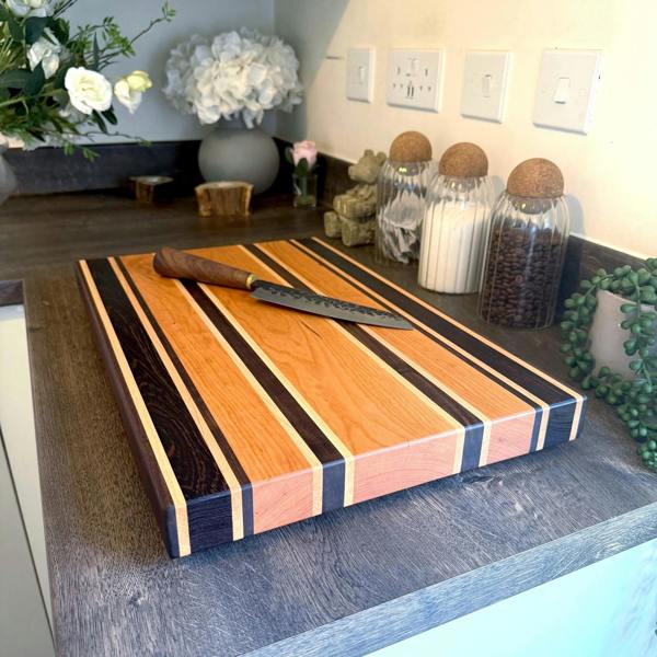 Giraffes & Craftz Handcrafted Striped Hardwood Chopping Board – Cherry, Walnut, Maple & Wenge – Handmade Butcher Block