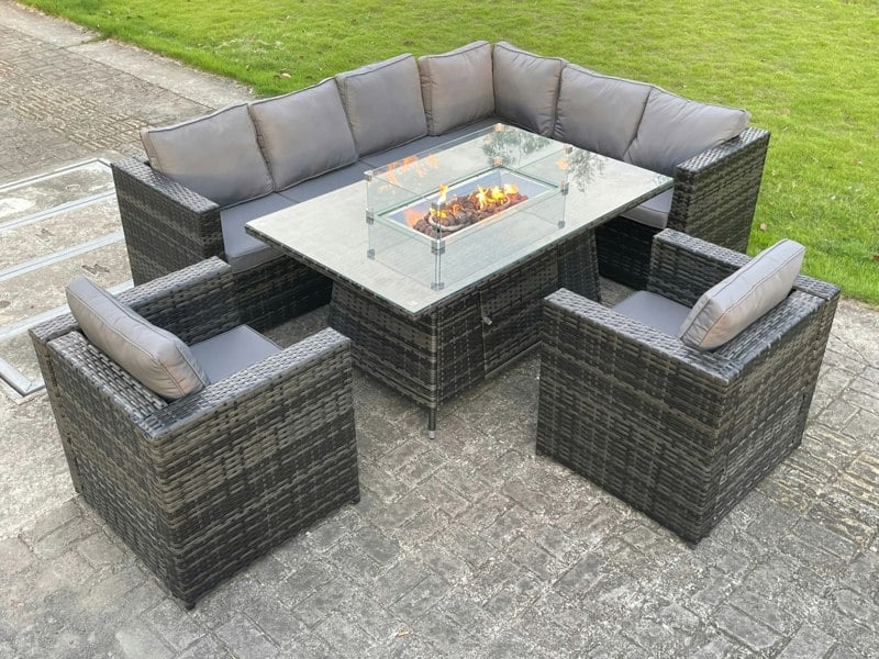 Fimous Outdoor Rattan Garden Furniture Corner Sofa Burner Gas Fire Pit Table Sets Gas Heater Lounge Chairs Dark Grey 8 Seater
