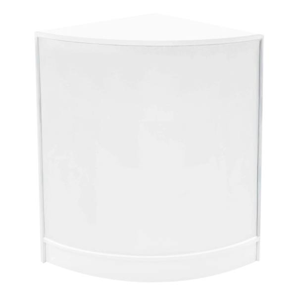 Curved white LED shop counter with a smooth finish, designed for retail displays, featuring a sleek, modern aesthetic
