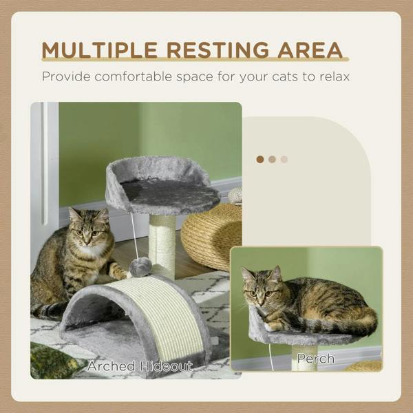 Grey kitten activity cat tree with arched hideout, perch, and sisal posts