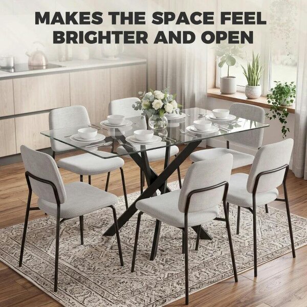 Rectangular Dining Table for 6 People, 120cm Modern Kitchen Table with Tempered Glass Top and Cross Steel Legs, Clear