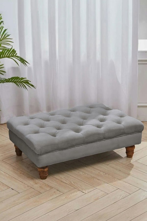 Living and Home Grey Buttoned Velvet Rectangular Ottoman Footstool with Gourd-shaped Legs