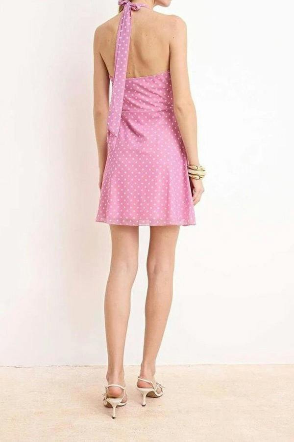 WOVCOR Polka Dot A-Line Mini Tulle Knit Dress with Stitching Detail