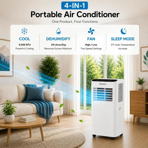 EMtronics 9K BTU Portable Air Conditioner Dehumidifier Fan and Window Vent Kit