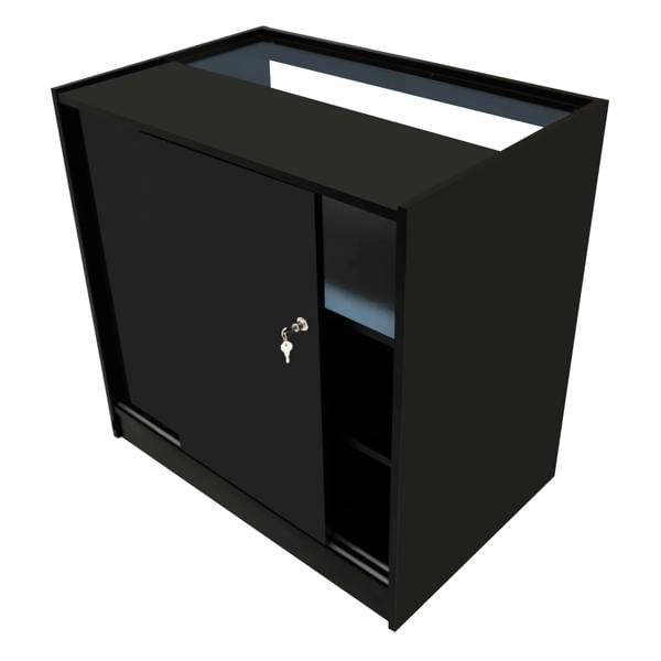 Sleek black Iris LED shop counter set with a glass top, sliding door, and open shelving for display and storage