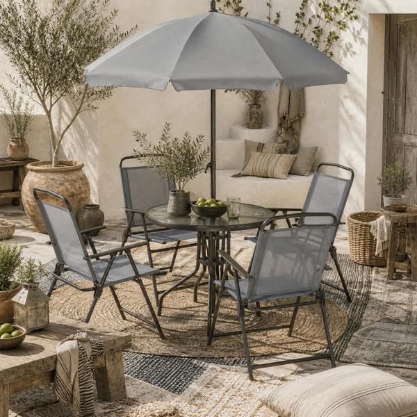 Wyld Haus Misotte Metal and Mesh Light Grey 4 Seater Garden Dining Set With Parasol Folding Chairs And Glass Table