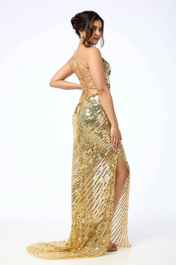 LuvForever Arela - Gold Side Split Sequin Maxi Dress