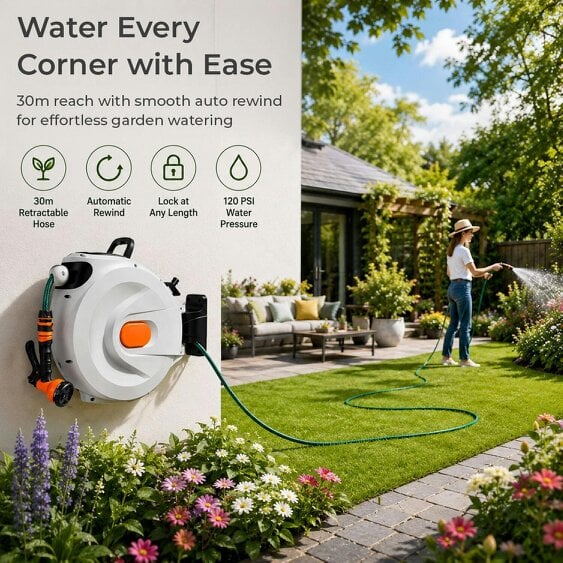 Neo Direct 30m Retractable Garden Hose Reel Wall Mounted 180° Swivel Bracket 8 Spray