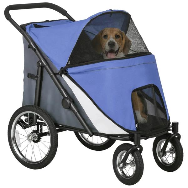 Blue foldable pet stroller with mesh canopy, front safety leash, and large wheels