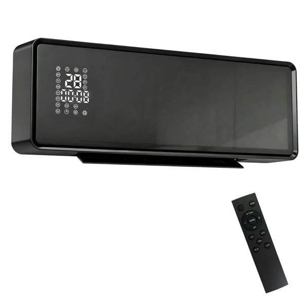 Black wall-mounted ceramic electric heater with front LED control icons and remote