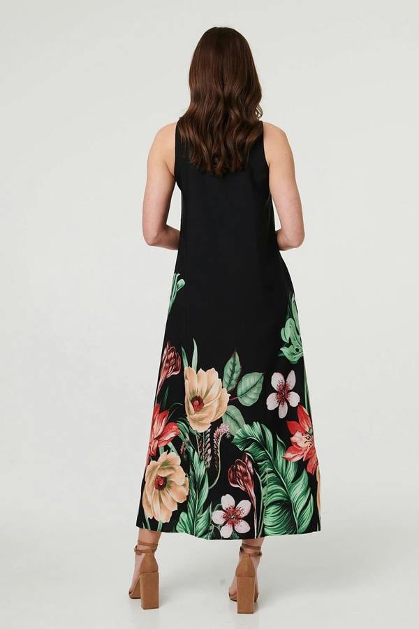Black | Tropical Floral Sleeveless Midi Dress