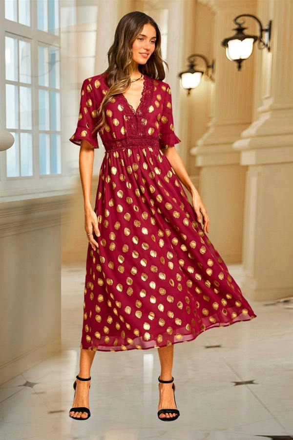FS Collection Gold Foil Long Sleeve Lace Trim V Neck Maxi Dress In Wine
