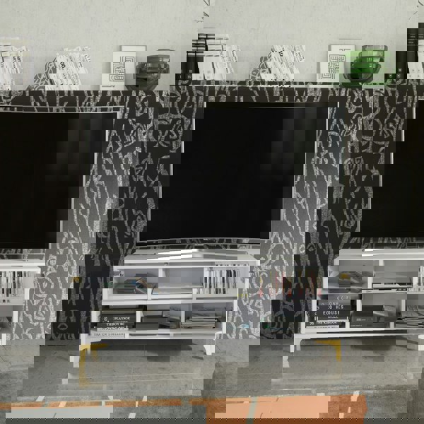 Mex Furniture TV Stand 120cm – White Matt Body & White Fluted Doors with Gold Legs