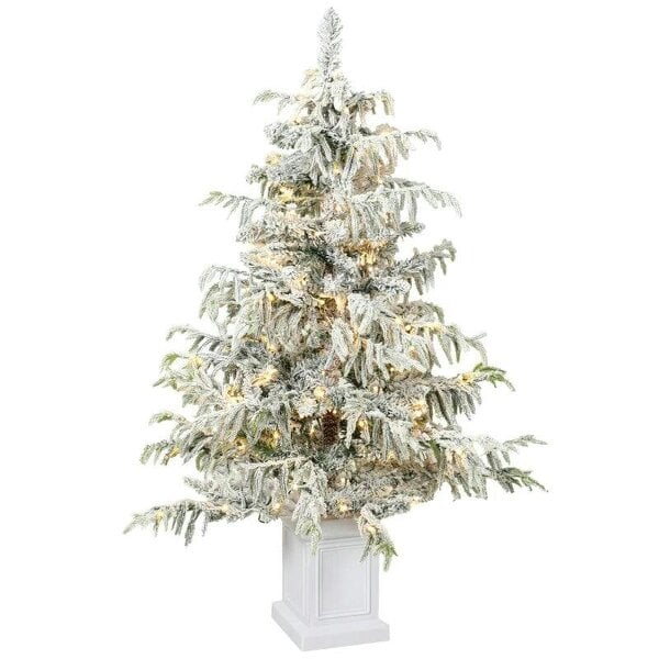 Bobobiy 4ft Prelit Flocked Christmas Tree, Artificial Snow Flocked Spruce with 160 Warm White LED Lights, 8 Modes, Green
