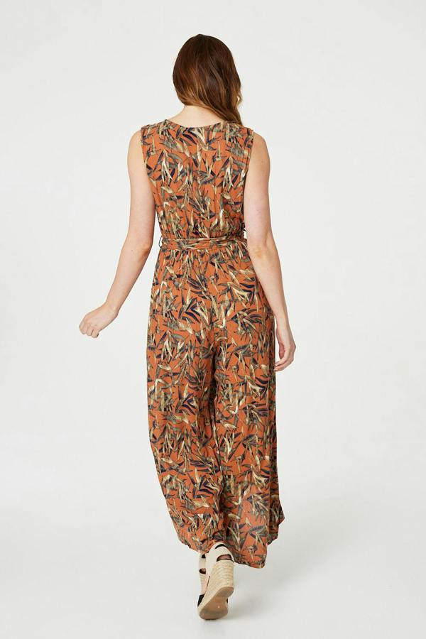 Orange | Leaf Print Sleeveless Jumpsuit