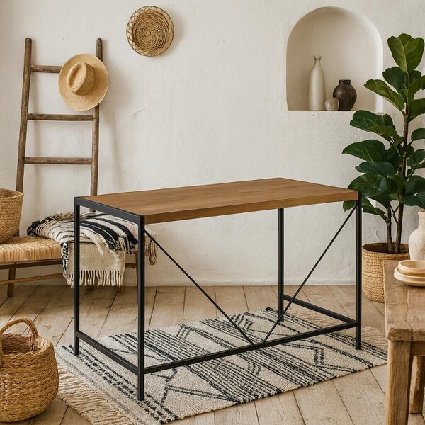Wyld Haus Barbados Natural Oak Wood Office Desk Black Metal Base