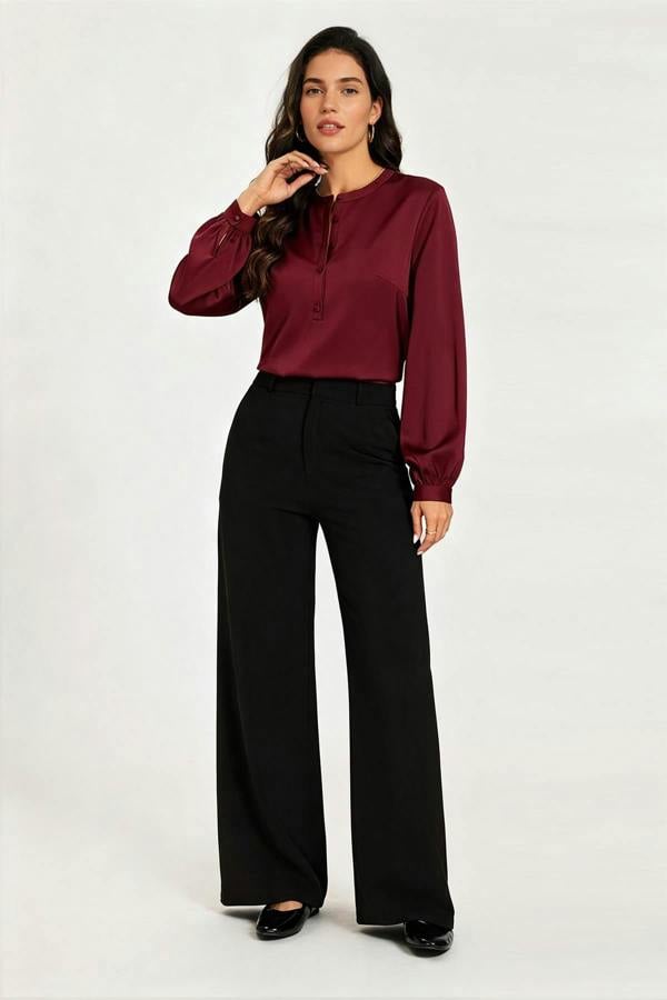 FS Collection Long Sleeve Satin Blouse Top In Wine