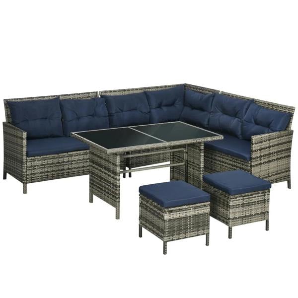 Dark blue cushioned rattan patio sofa set with corner bench, glass table, and ottomans