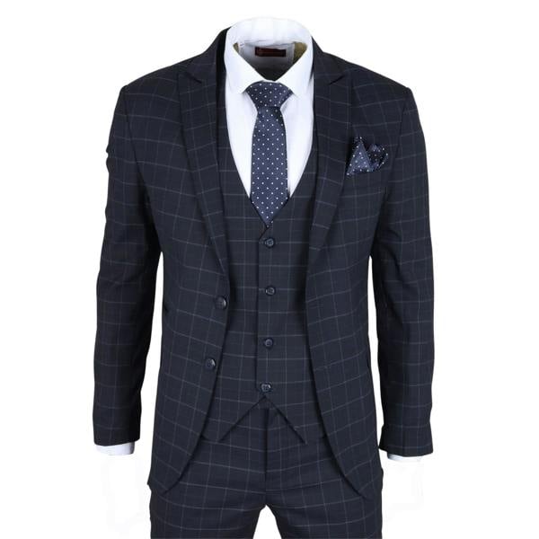 Infinity Leather Men's Navy Checked 3 Piece Suit Tailored Fit