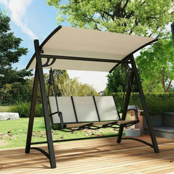 3 Seater Swing Chair, Garden Swing Bench with Adjustable Tilting Canopy, Breathable Mesh Seat 360 kg Capacity, White