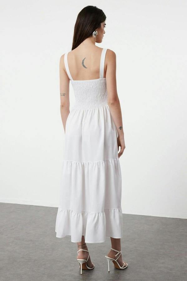 Ruched Square Neck Thick Strap A-Line Maxi Dress