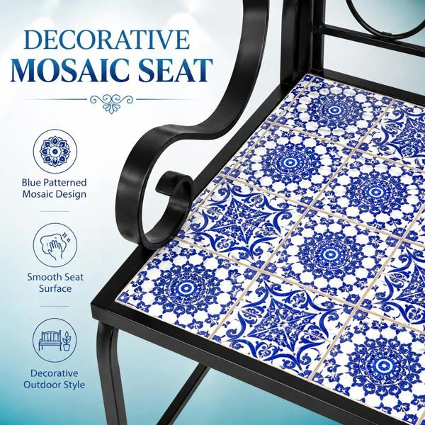 Porto Mosaic 2 Seater Garden Bench, 112cm Outdoor Patio Seat with Ceramic Tile Seat, Scrollwork Backrest & Metal Frame image 5