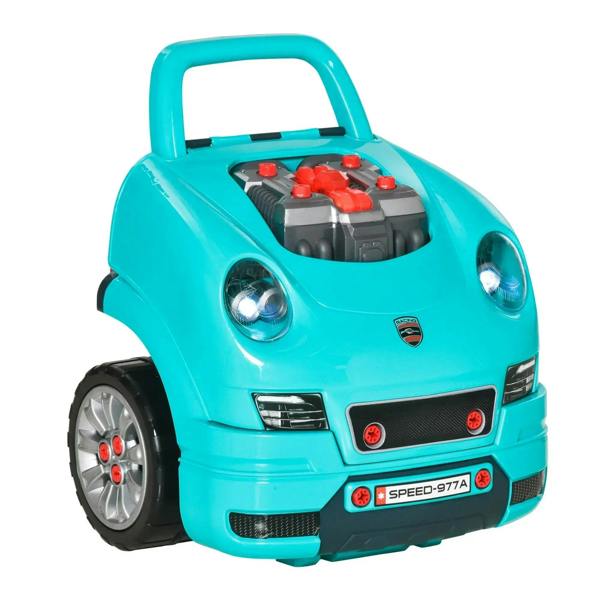 Teal kids ride-on toy car front view with headlights, grille, and hood engine area