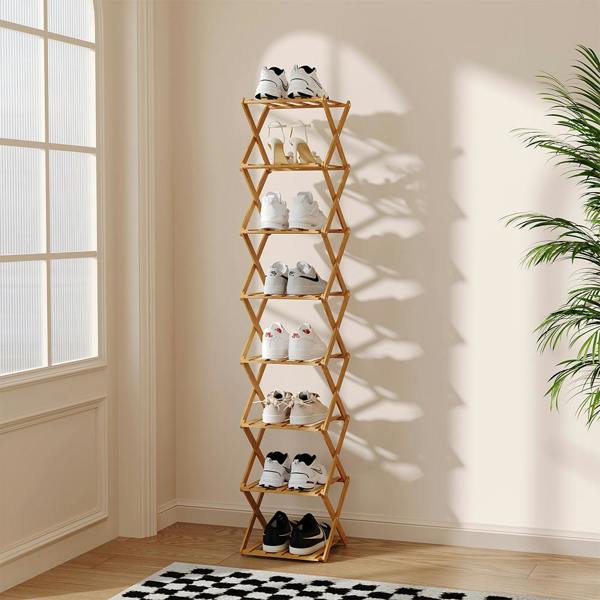 Living and Home 9 Tier Bamboo Folding Shoe Rack Shoe Storage Organiser - Natural