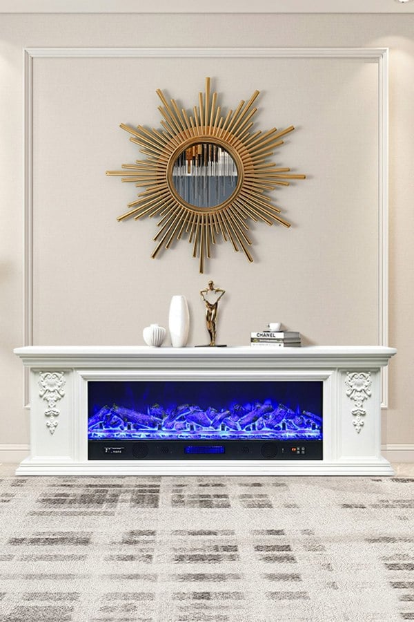 Living and Home Natural Resin Carved Craftsman TV Stand Electric Fireplace Adjustable Flame with Remote - Off White