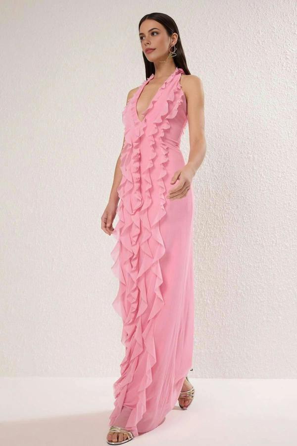 WOVCOR Tulle Evening Dress with Ruffled and Lined