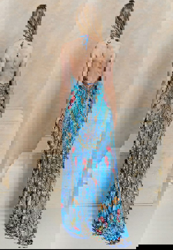 ANGELEYE Deluxe Luxurious Viscose Crepe Maxi Beach Dress in Premium Tropical Print - Blue