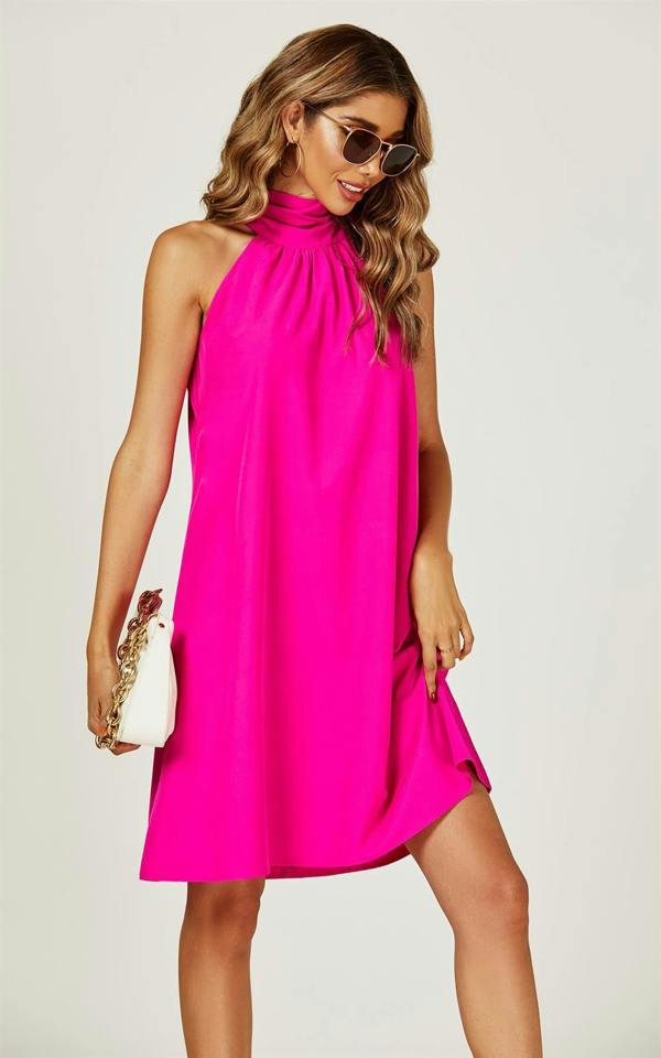 FS Collection Halter Neck Tie Back Mini Dress In Magenta