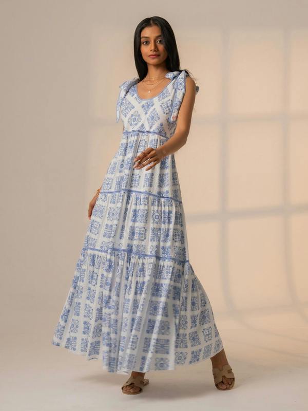 Rose & Nancy Maisy Blue White Printed Lace Trim Maxi Sun Dress&nbsp;