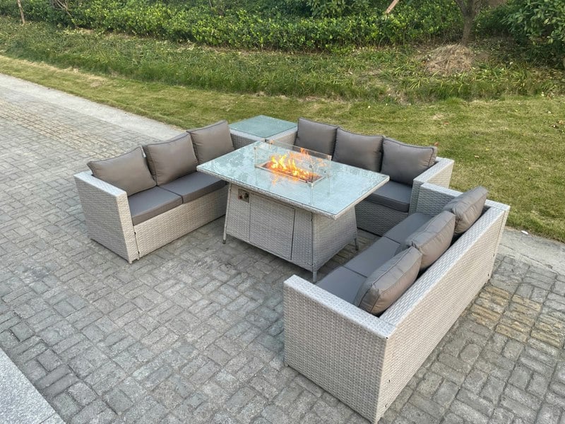 Fimous Light Grey U Shape Lounge Sofa Dining Set With Gas Heater Fire Pit Dining Table Set Burner With Extra Side Coffee Tea Table