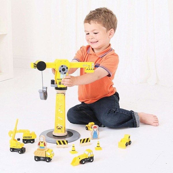 Bigjigs Rail 13 Piece Wooden Yellow Crane Construction Set