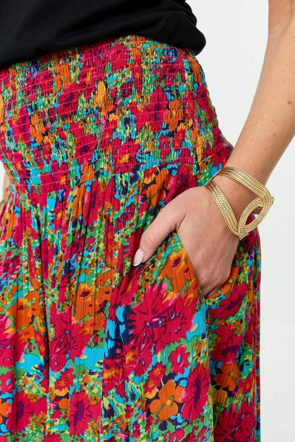 Red | Floral Wide Shirred High Waist Trousers