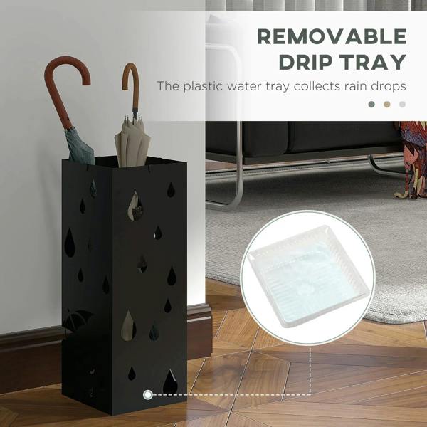 Black steel umbrella stand with removable drip tray for catching rainwater