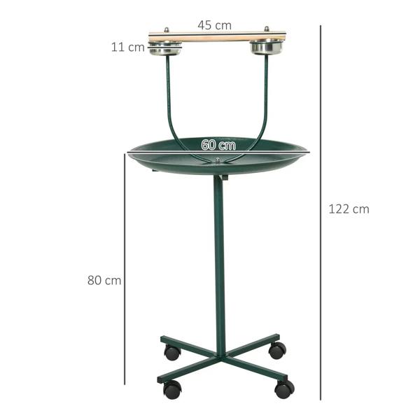 Green metal bird perch stand with stainless bowls and four wheels, full view dimensions