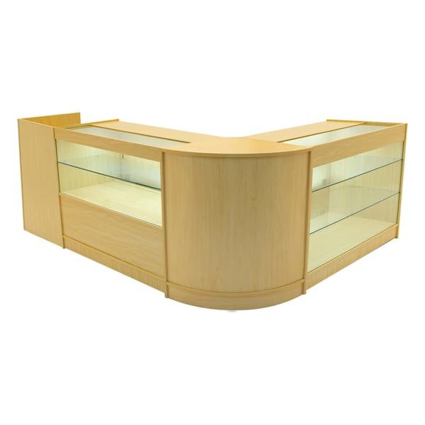 Vega LED Shop Counter Set in maple finish, featuring curved edges, glass display shelves, and a modern design for retail spaces