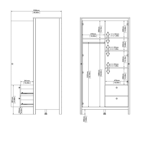Wyld Haus Wildberry Matt Black Wooden Mirror Wardrobe  2 Doors 2 Drawers Leather Handles