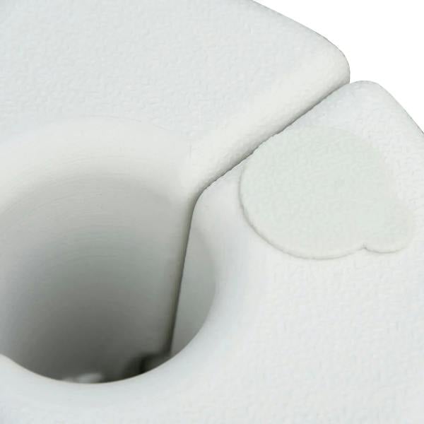 Close-up of white tent leg weight top opening with rounded fill rim