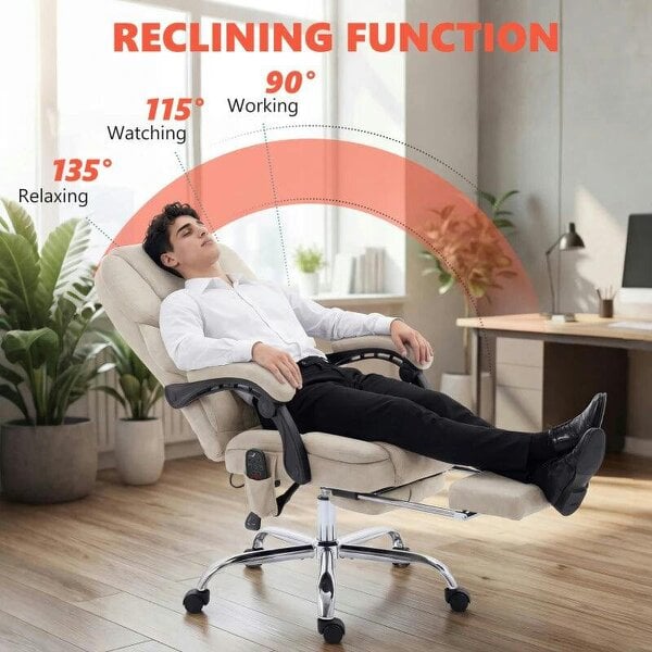 Office Chair with 6-point Vibration Massage and Heat, Fabric Desk Chair with Footrest, High Back, Cream White
