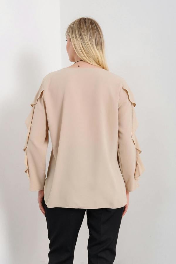 Hoxton Gal Oversized Ruffle Sleeve Relaxed Fit Top In Beige