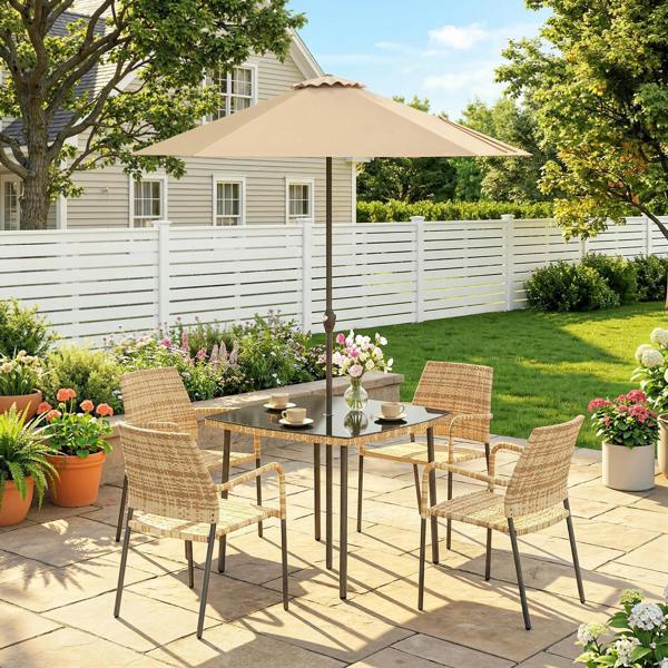 Outsunny 4 Seater Rattan Dining Set with Parasol - Light Brown