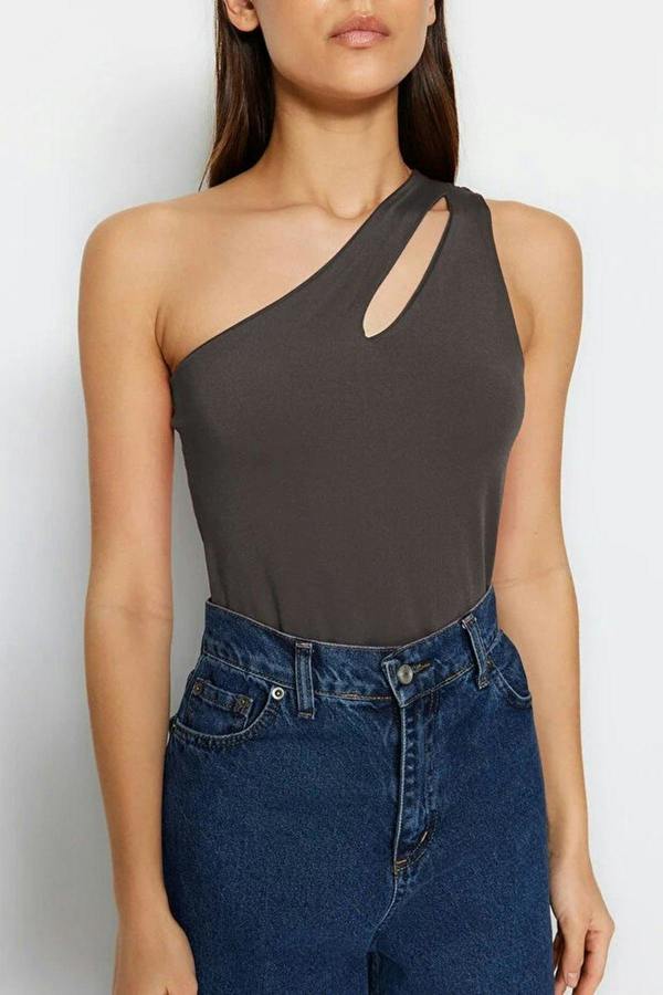 Asymmetric Neckline Cut Out Detail Single Sleeve Fitted Body